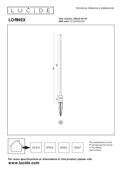 Lucide LORNEX - Garden spotlight - Ø 4,9 cm - LED - 1x6W 3000K - IP54 - Black - technical